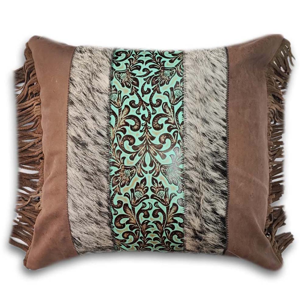 Pillow Case Western 4 Floral Turq, Cowhide Double Sided, Size 16' X 16'