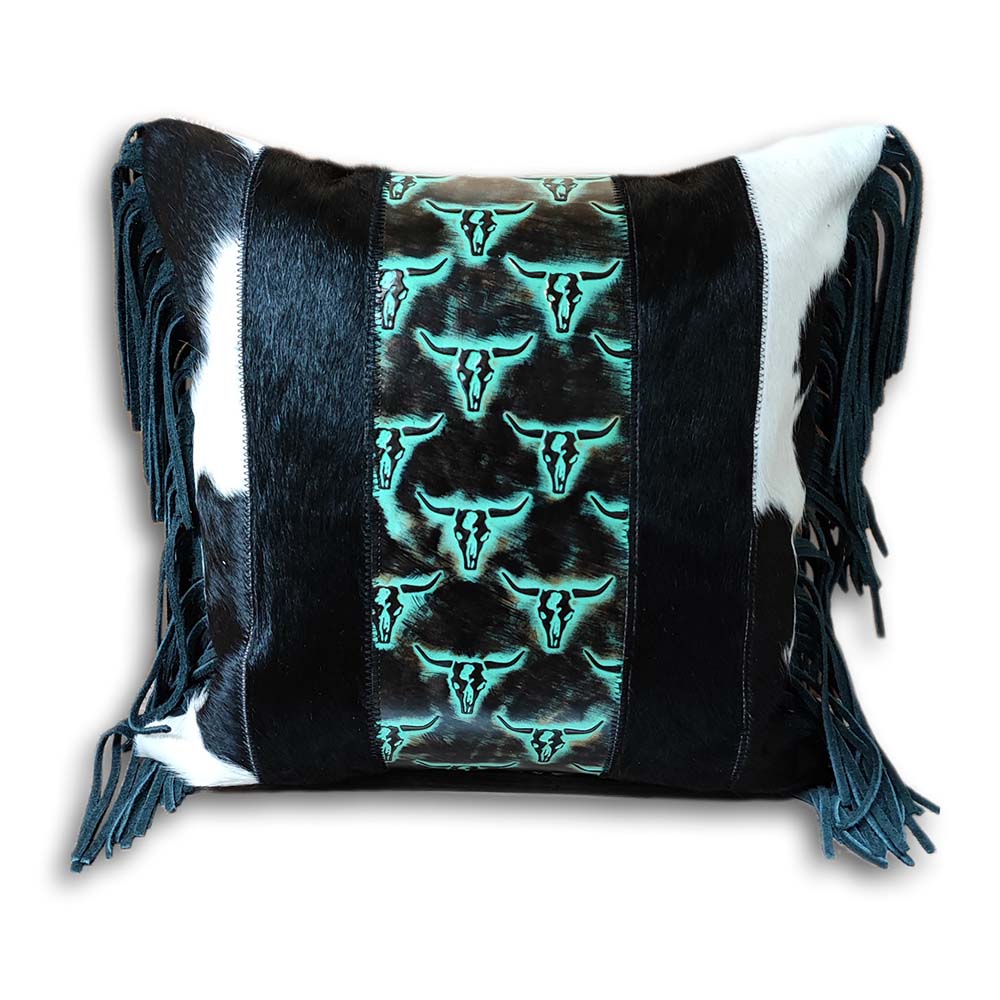 Pillow Case Western 4 Longhorn Turq, Cowhide Double Sided, Size 20' X 20'