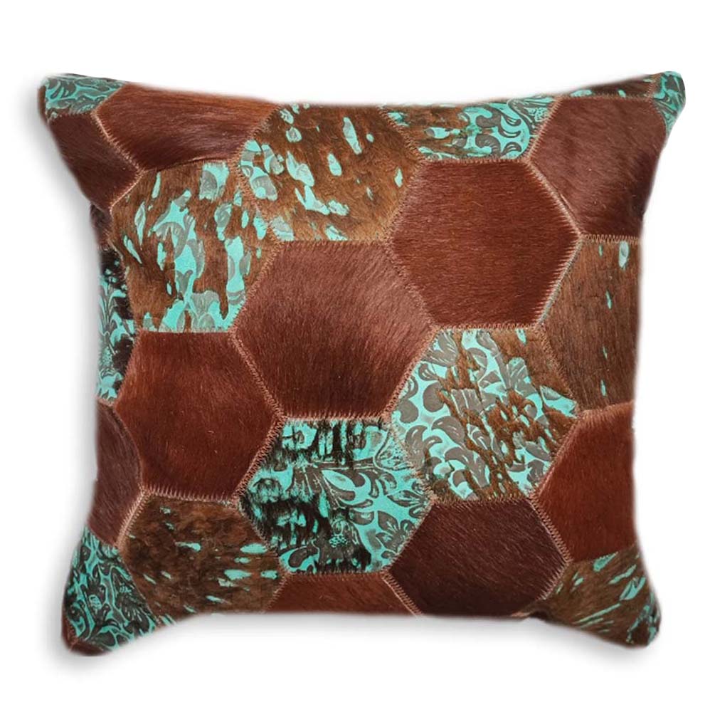 Pillow Case Hexagon Floral Turq & Brown, Suede Fabric Backing, Size 16' X 16' Pillow Case Hexagon Floral Turq & Brown, Suede Fabric Backing, Size 16' X 16'