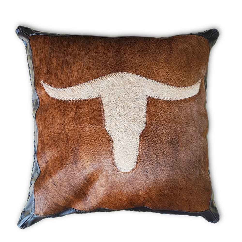Pillow Case Leather & Laced Border, Longhorn, Suede Fabric Backing, Size 18' X 18' Pillow Case Leather & Laced Border, Longhorn, Suede Fabric Backing, Size 18' X 18'