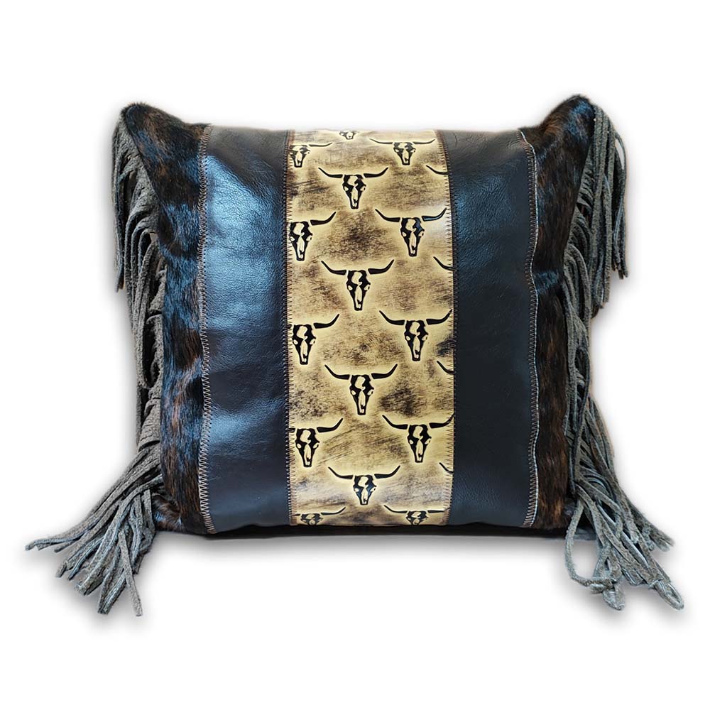 Pillow Case Western 4 Longhorn Tan, Suede Fabric Backing, Size 12' X 20'